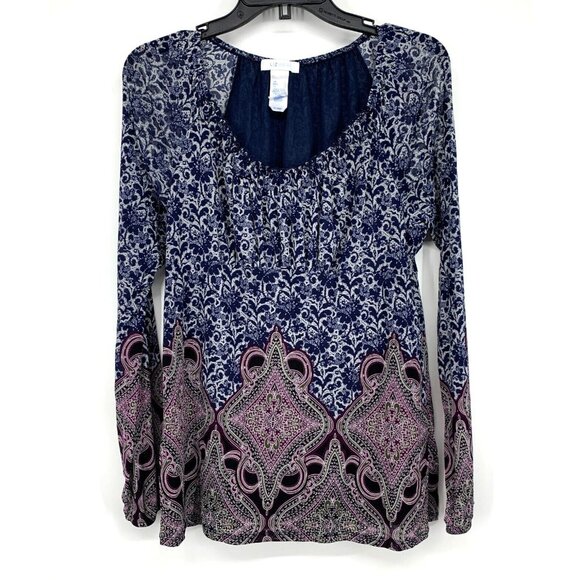 Lizwear Top Blue Floral Printed Long Sleeve Peasant Mesh - Picture 1 of 8